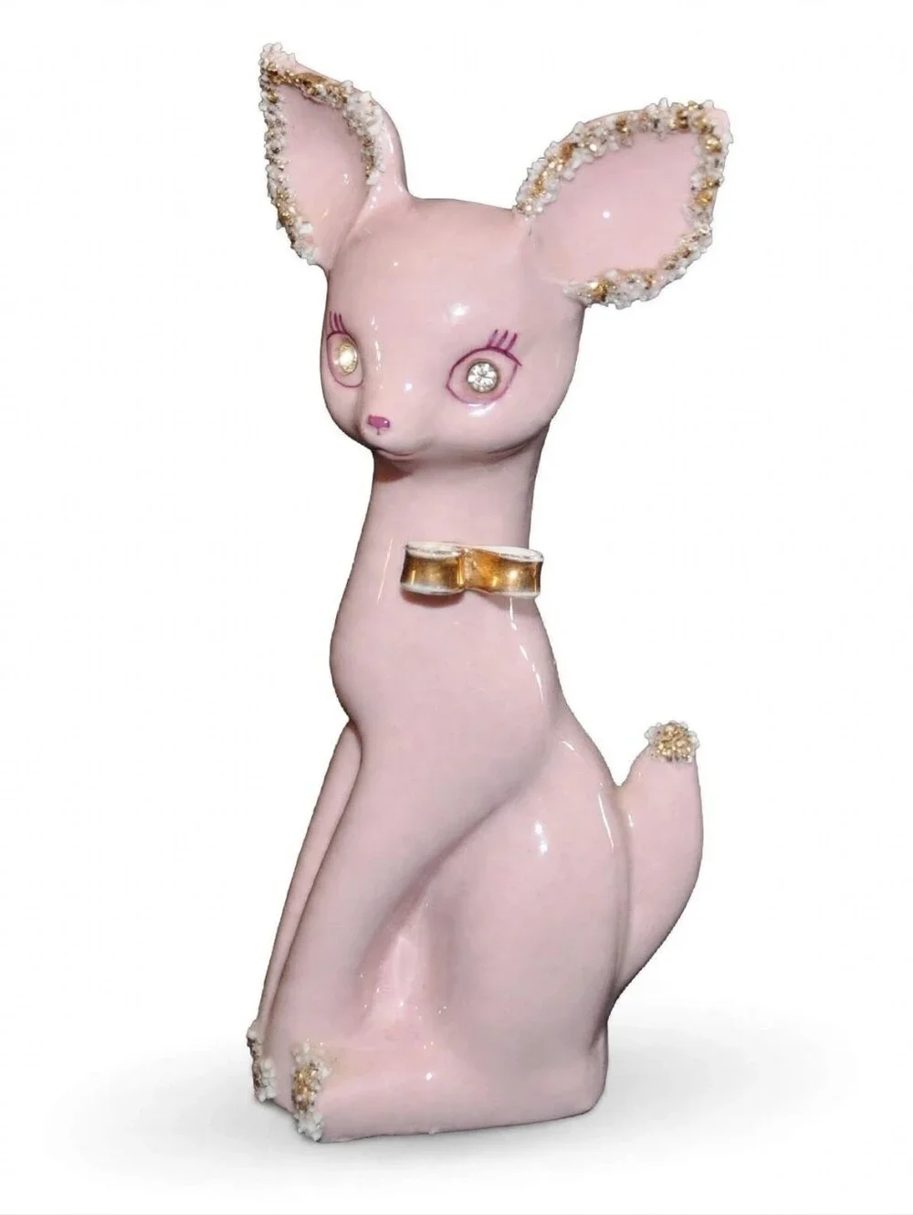 Lefton Pink Fawn Planter Gold Bow Rhinestone Eyes 1950s With Sticker!